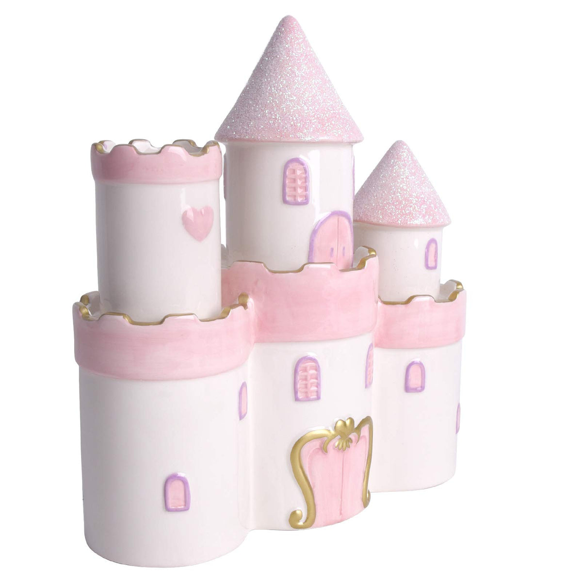Vencer Princess Castle piggy bank top detail shows glittery pink cap