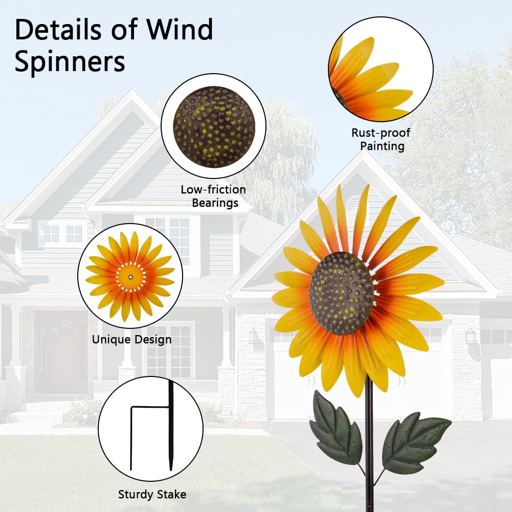 Venniy Metal Sunflower Windmill stands 57 inches tall for bold garden presence.