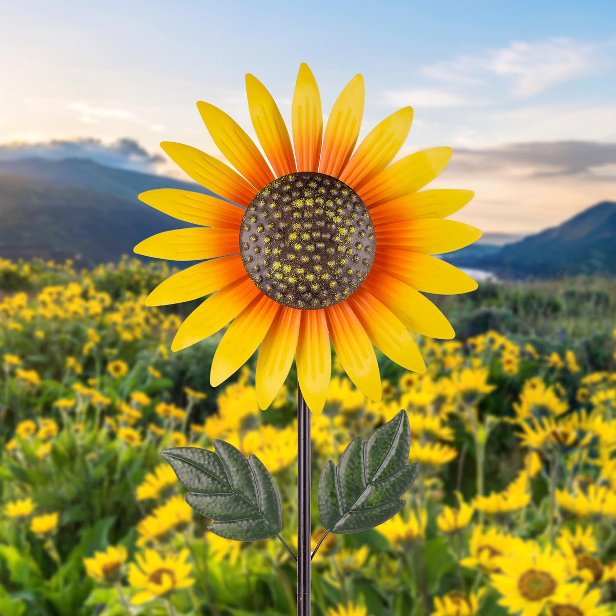 Venniy Yard Wind Spinner Sunflower inner-petal motion adds vibrant movement to garden.