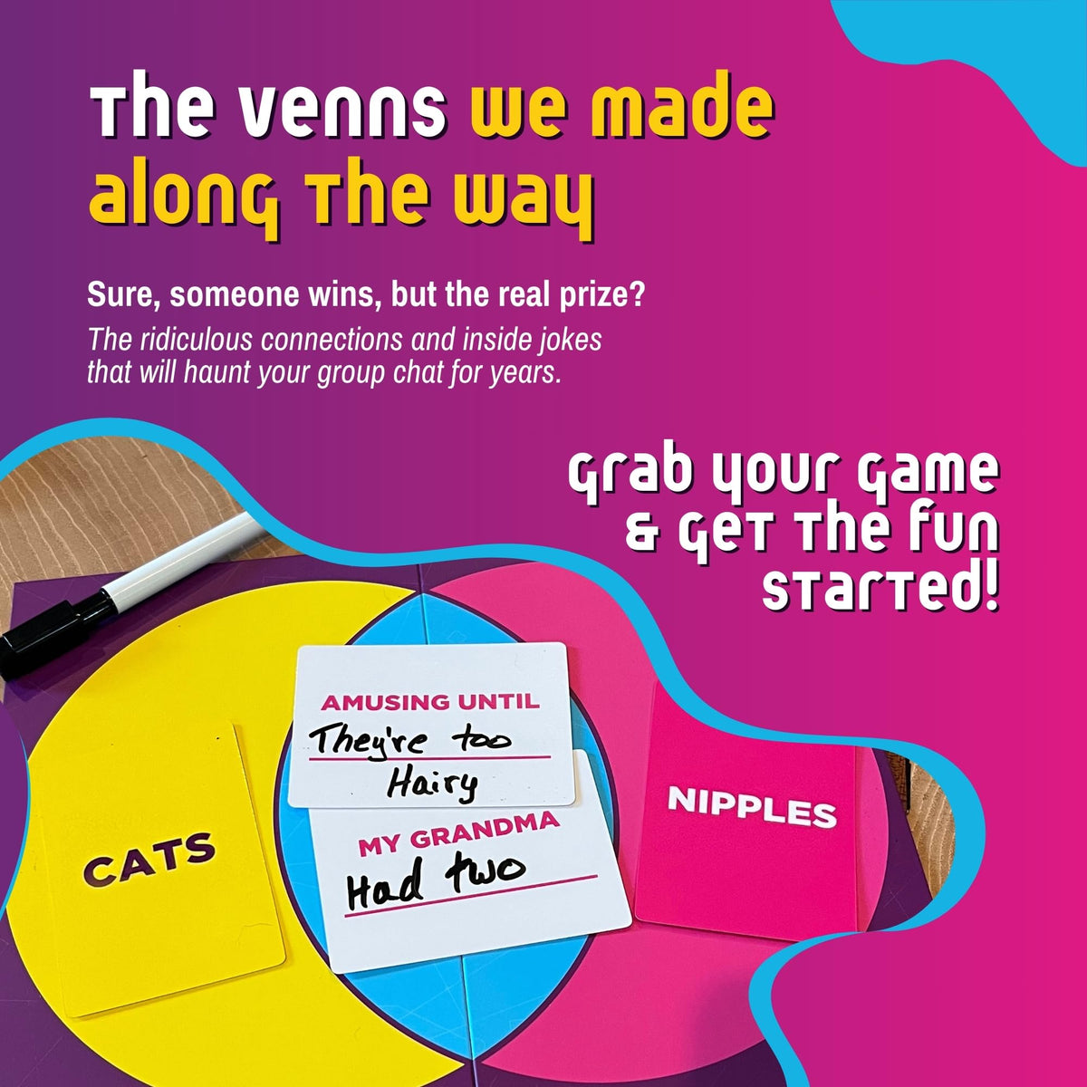 VENNS WITH BENEFITS response cards fanned out for witty voting rounds