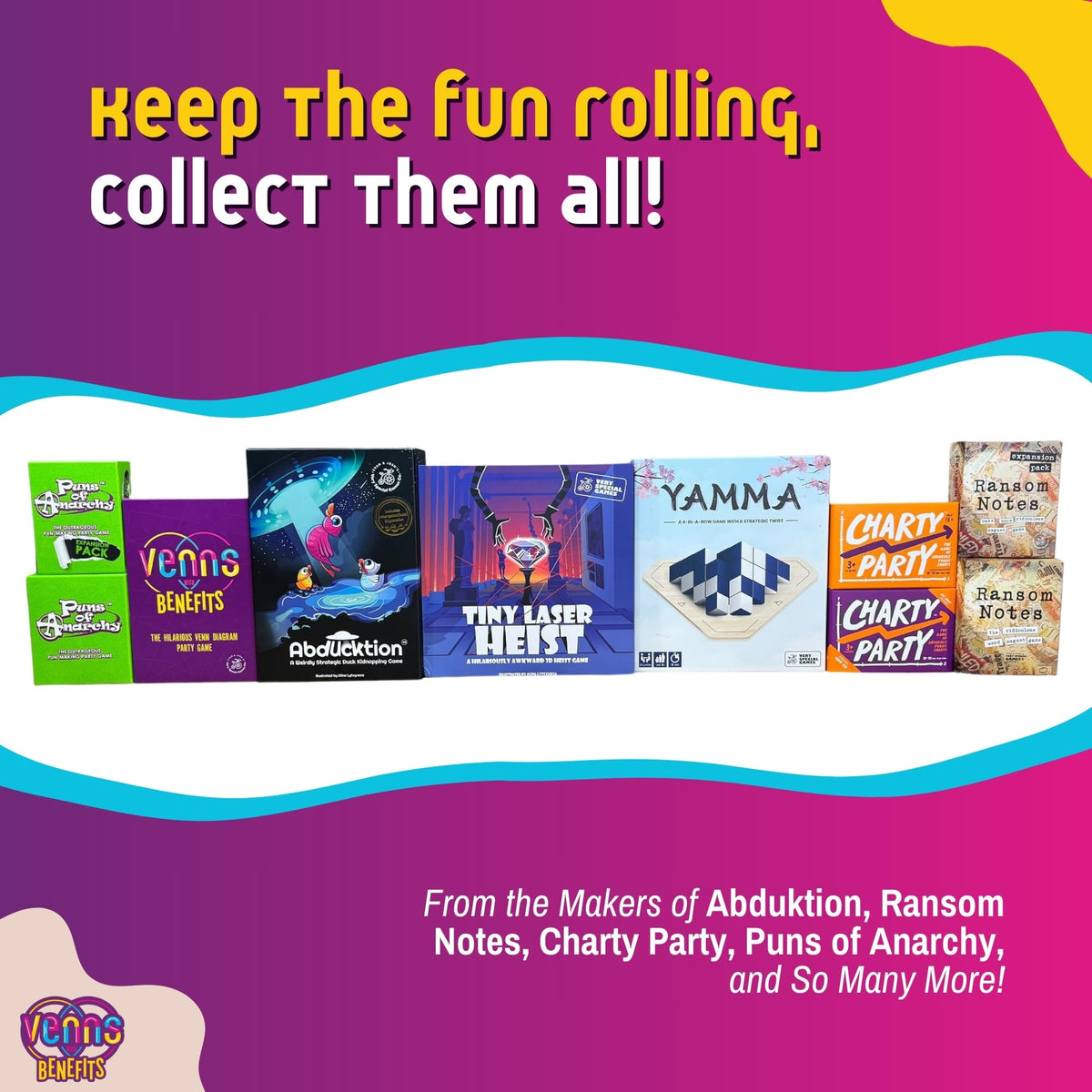 VENNS WITH BENEFITS spill-friendly packaging and sturdy cards for lively sessions