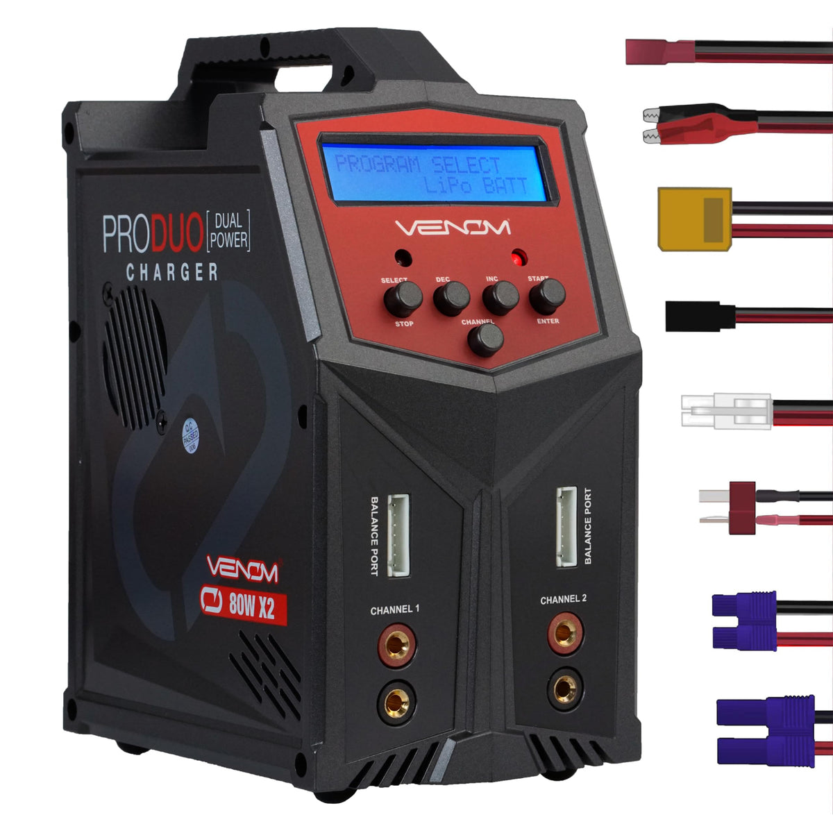Venom Power Pro Duo front view shows dual ports for efficient RC charging.