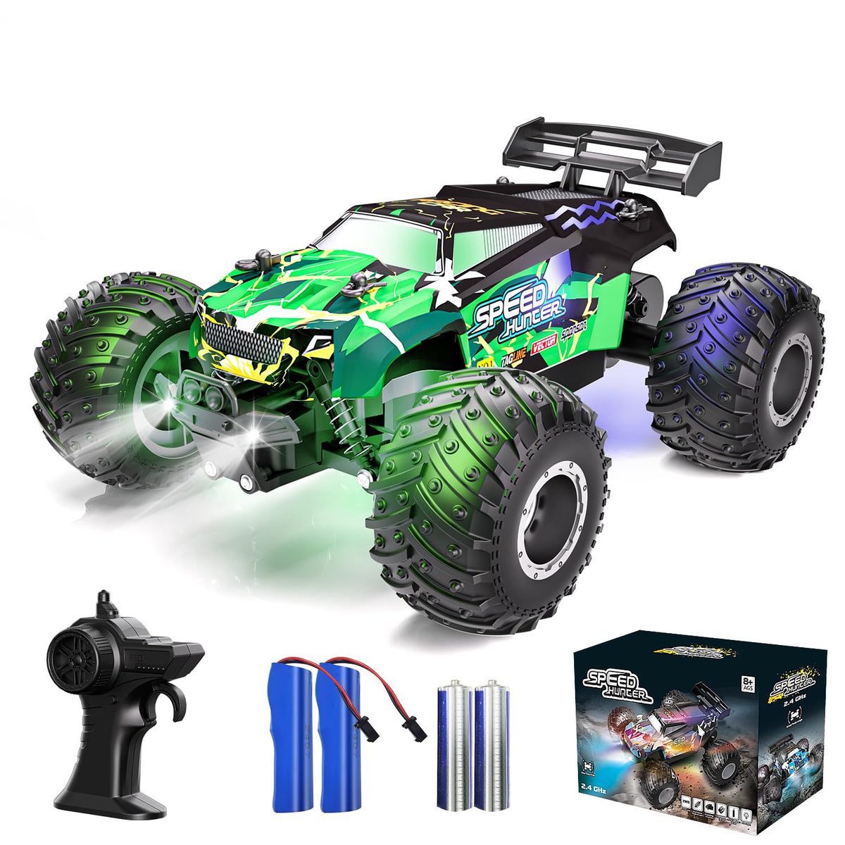 Vensico RC car front view showing sturdy off-road build and headlights.