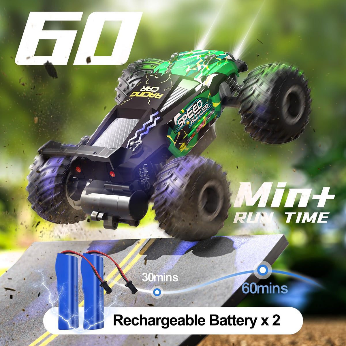 Vensico RC car LED lights illuminate dusk outdoor driving.