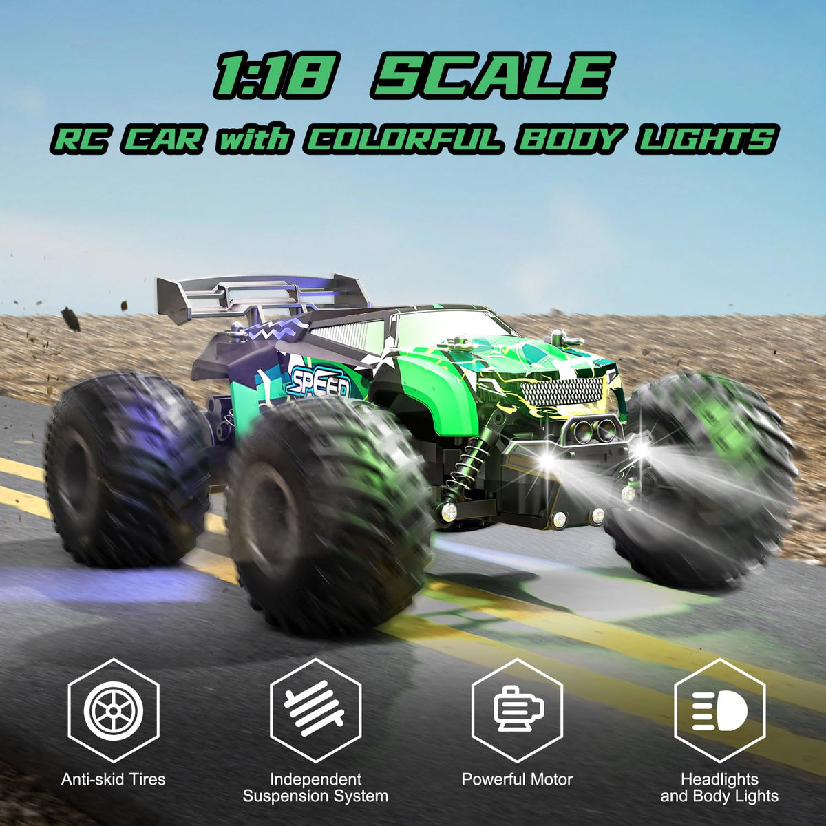 Vensico RC car side profile highlighting rugged tires for all-terrain play.