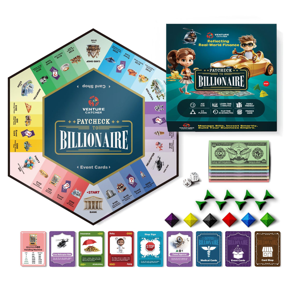 Venture Catcher Paycheck to Billionaire board game setup promotes family strategy learning.
