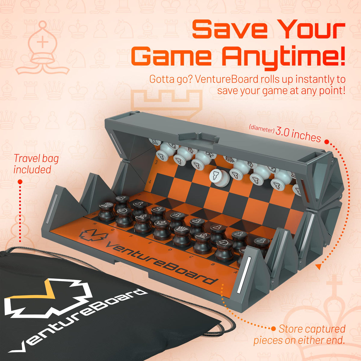 VentureBoard 32-piece set shown, including two extra queens for flexible strategies.