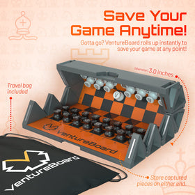VentureBoard 32-piece set shown, including two extra queens for flexible strategies.
