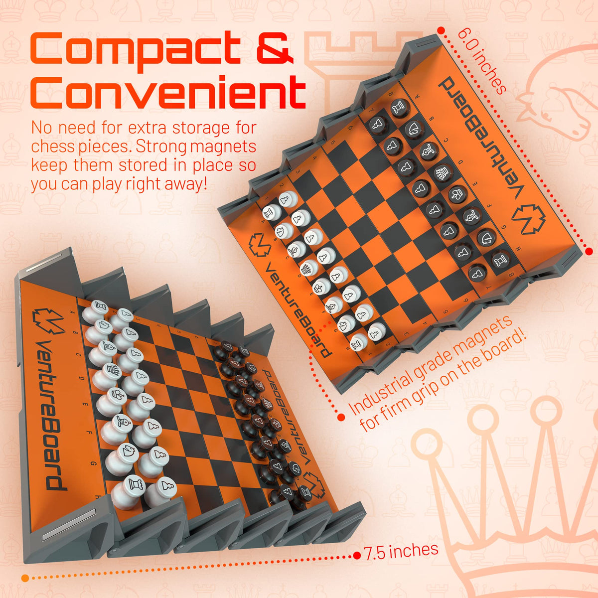 VentureBoard folding chess board open with starting positions for instant play.