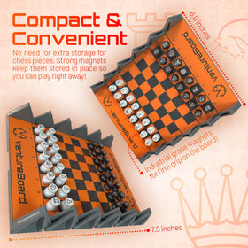 VentureBoard folding chess board open with starting positions for instant play.
