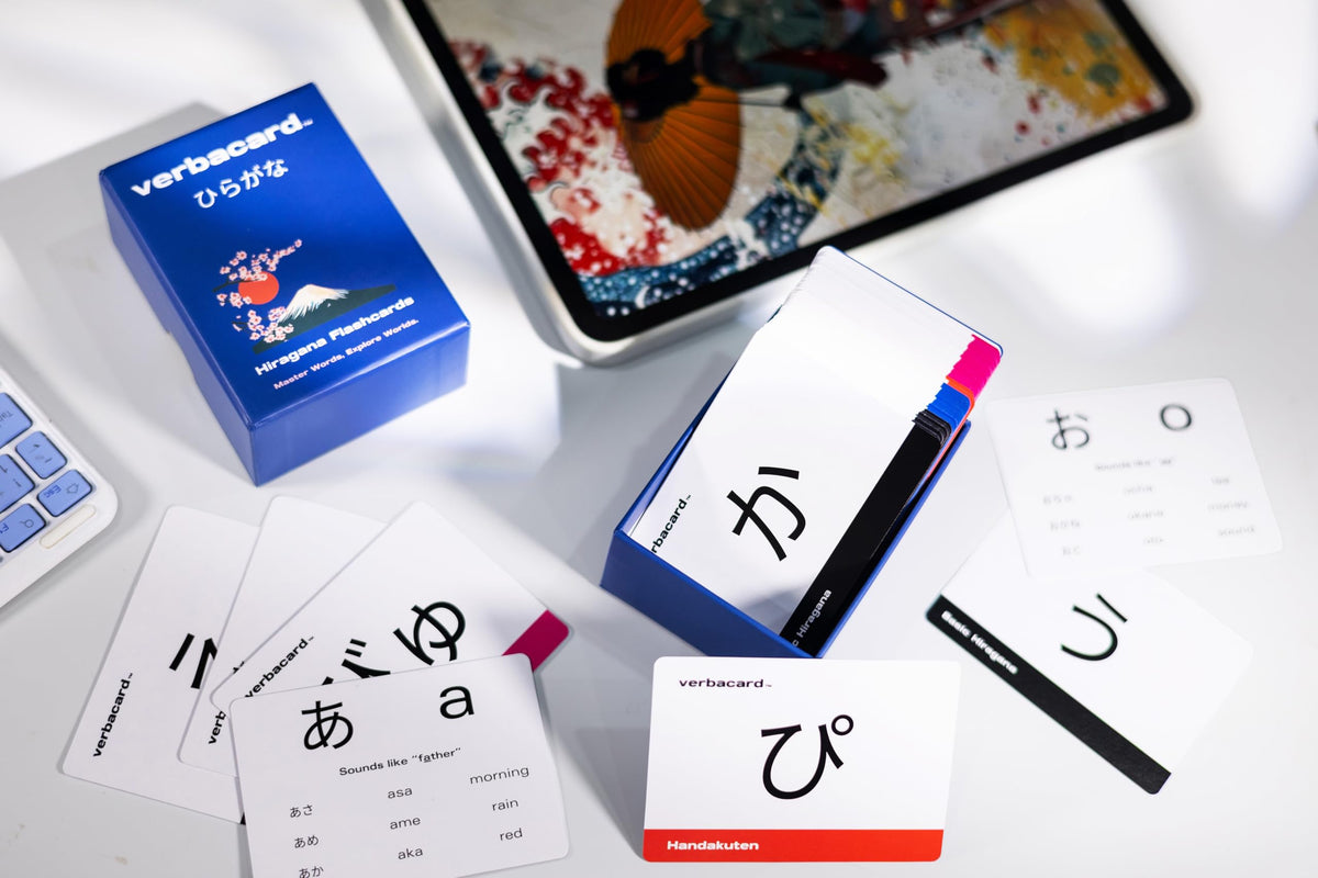VerbaCard 106-card Hiragana deck displaying base characters and variations