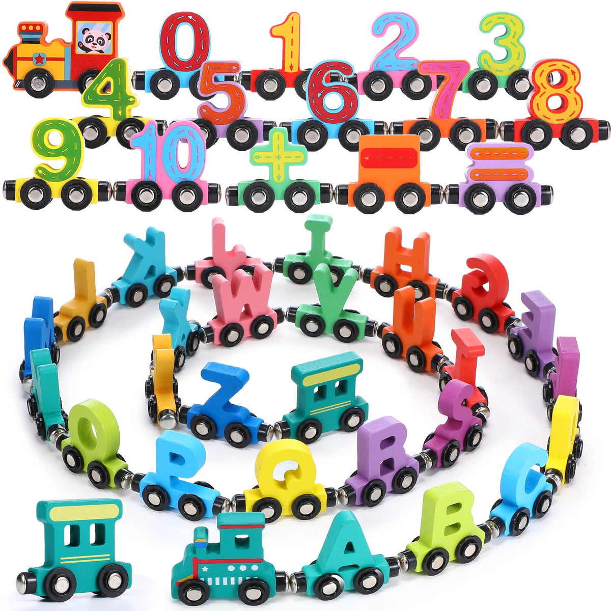 VercanMonth alphabet trains set promotes letter recognition through wooden play.