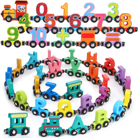 VercanMonth alphabet trains set promotes letter recognition through wooden play.