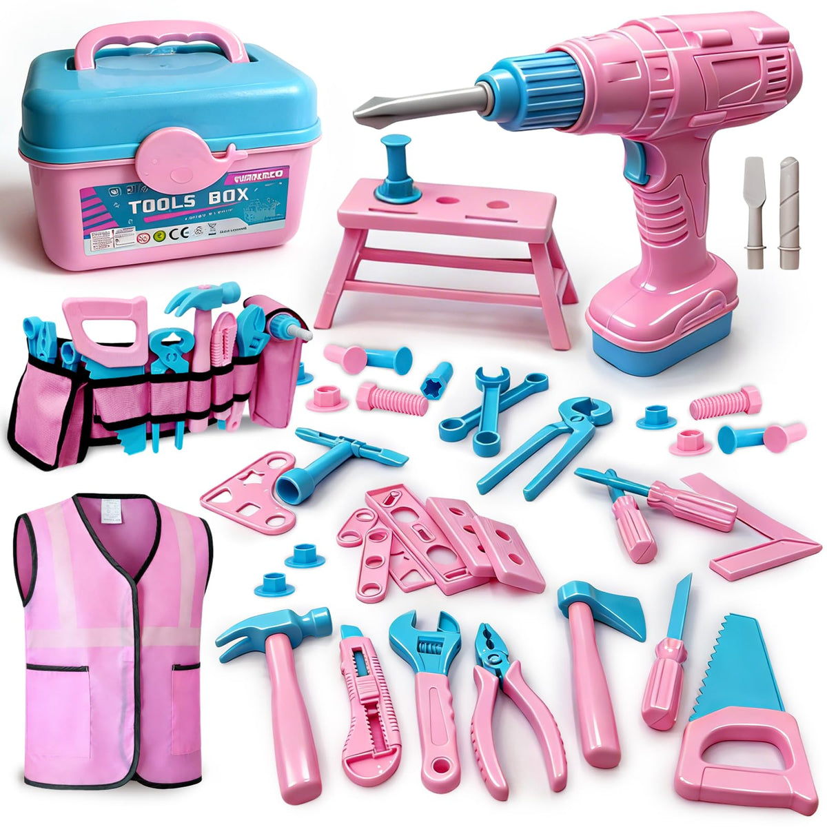 Verceco Kids Tool Set with pink vest visual, promoting imaginative play and organization