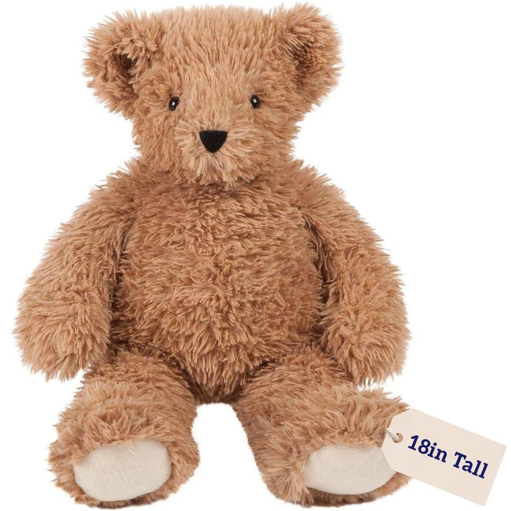 Vermont Teddy Bear 18-inch brown bear face close-up, silky fur ideal for cuddling.