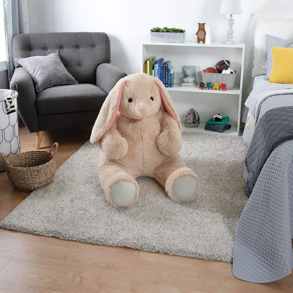 Hug-ready giant bunny in a living room setting for family time