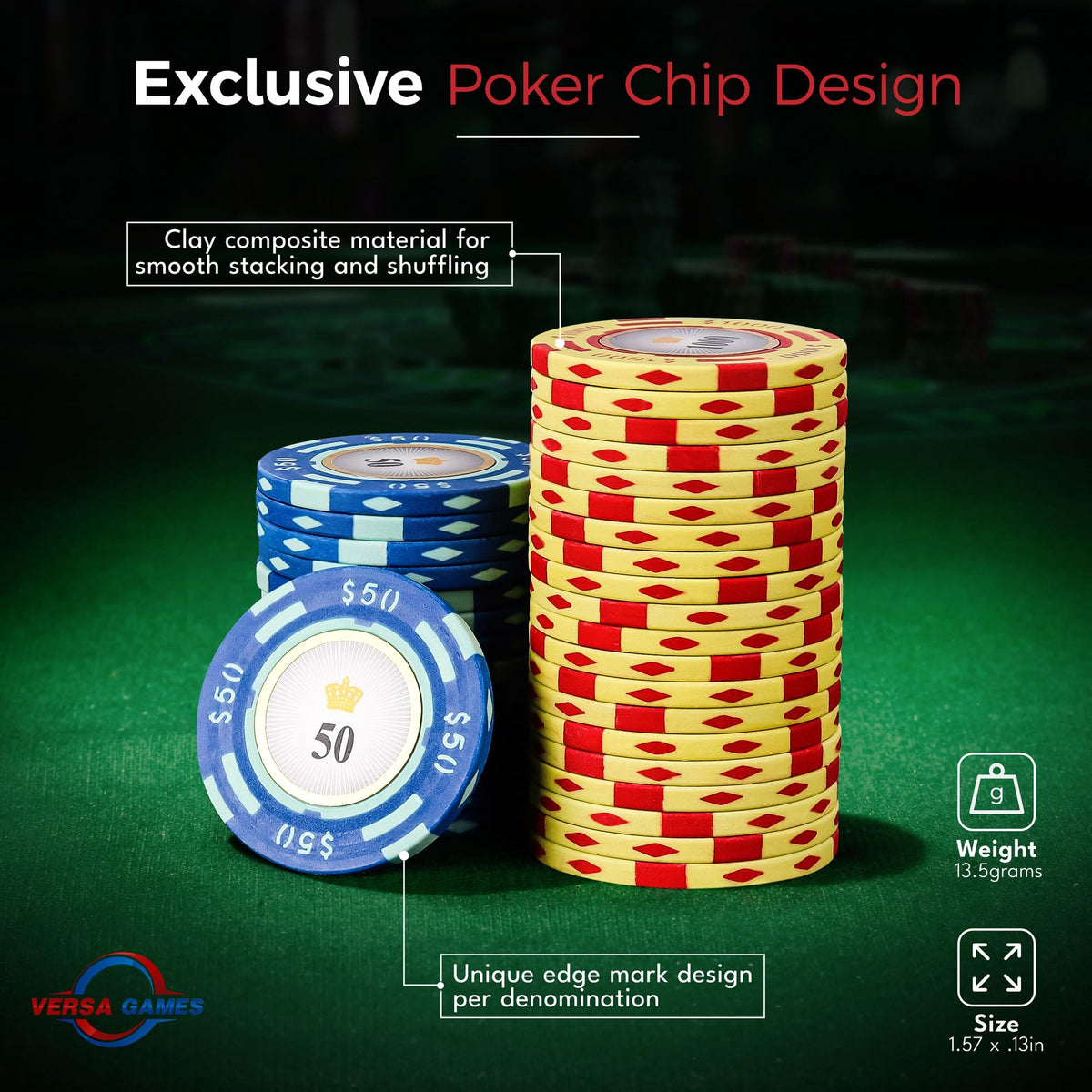 Vibrant Versa Games chip colors arranged in a stack for clear value.