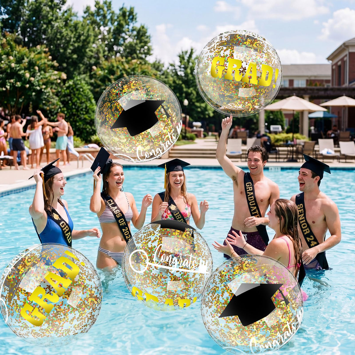Vertintong Gold 16-inch grad ball on pool edge for graduation party use