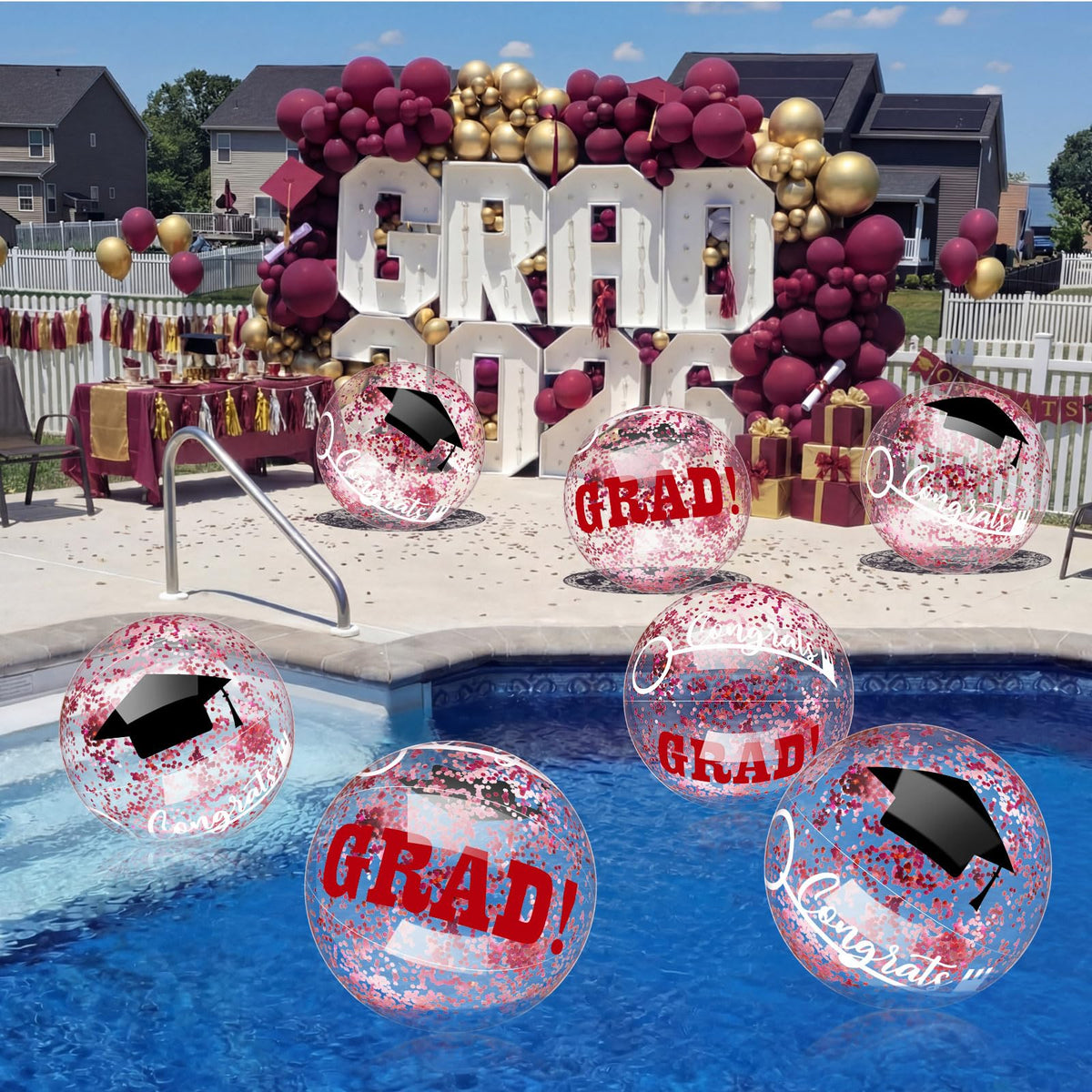Vertintong graduation ball 16in with caps design, perfect for poolside celebrations.