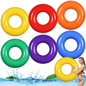 Vertintong six neon pool floats for group swimming by the pool.