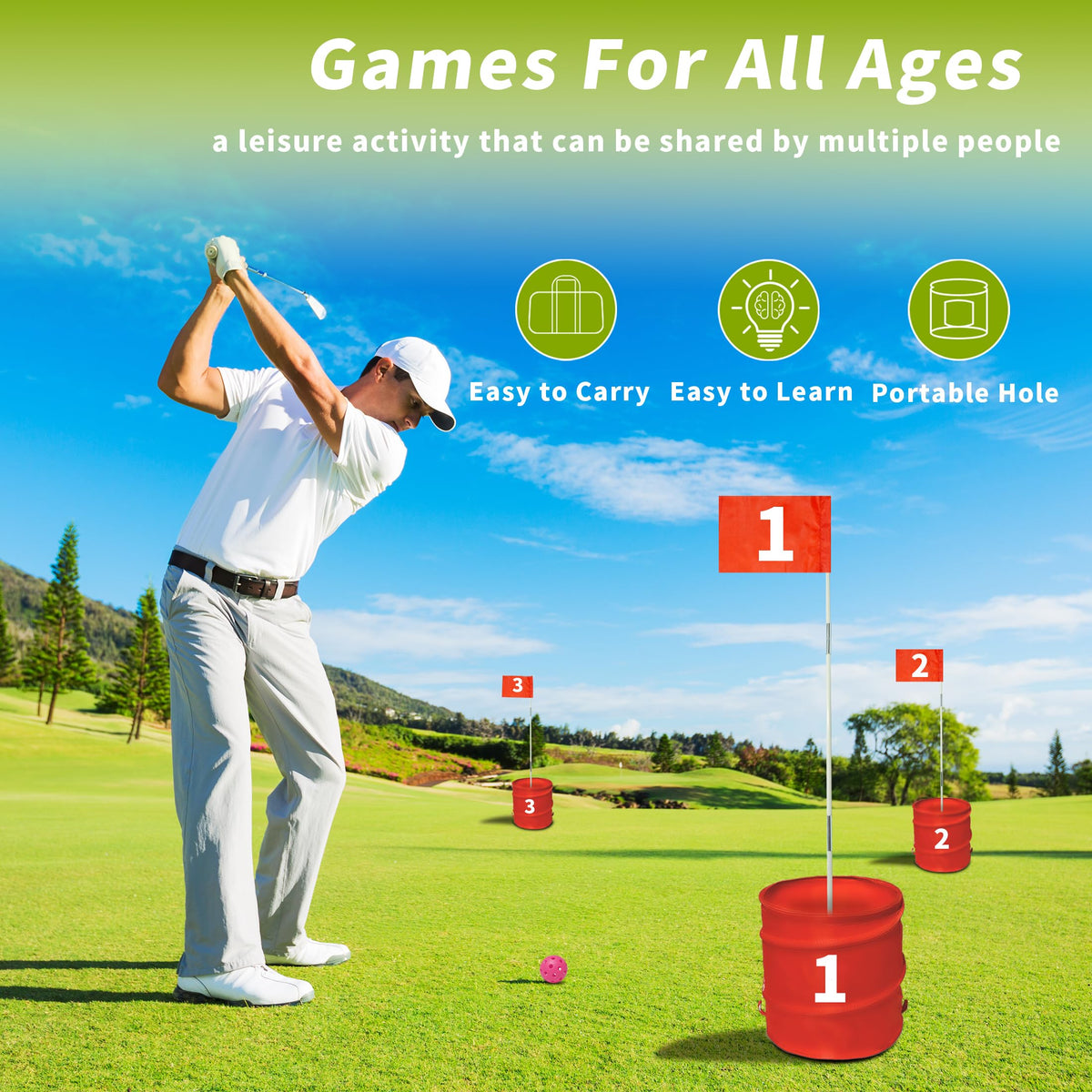 VERVYVINE Golf Bucket Game flags — color cues for scoring and course design.