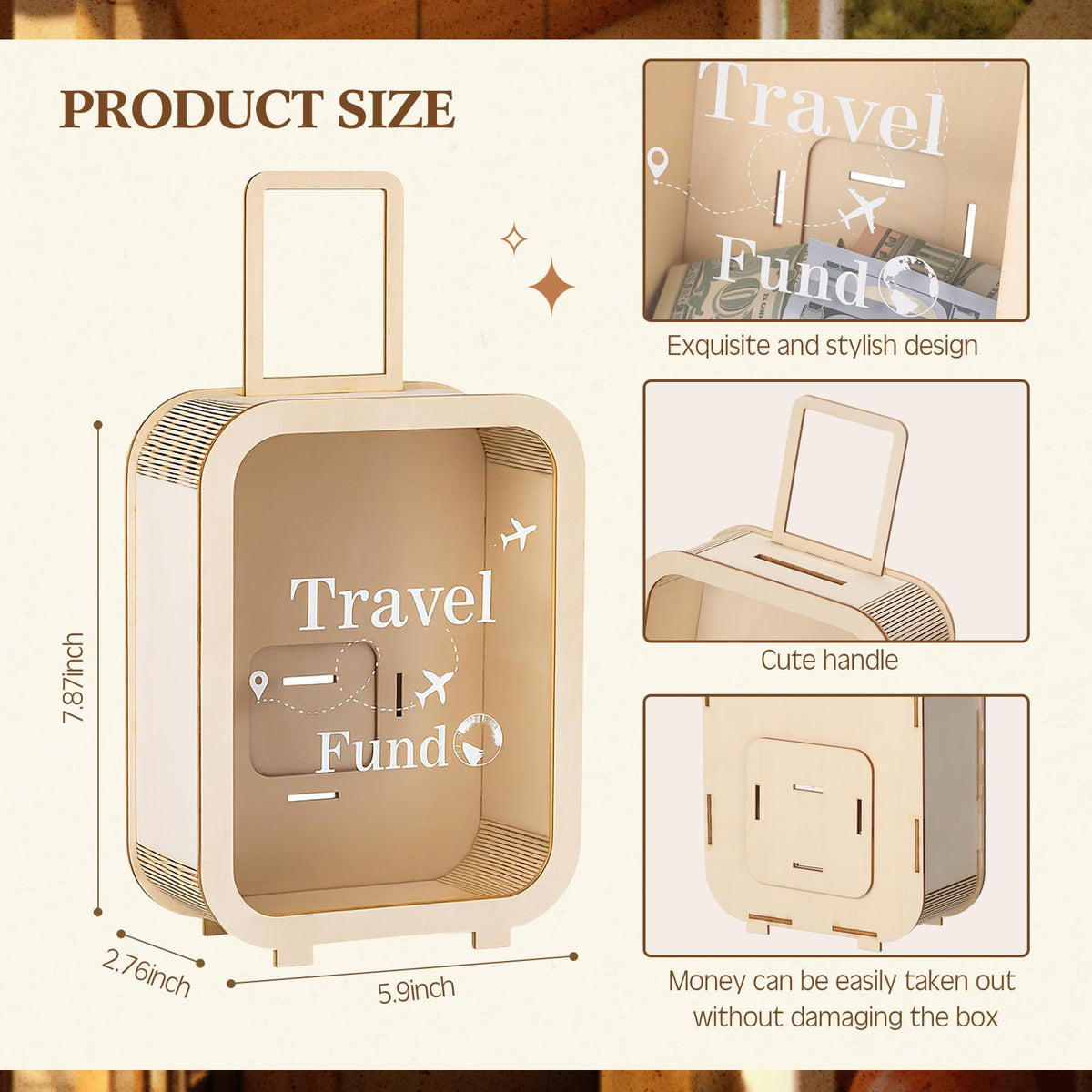 Vesici Travel Fund Box side view with wooden finish for rustic charm