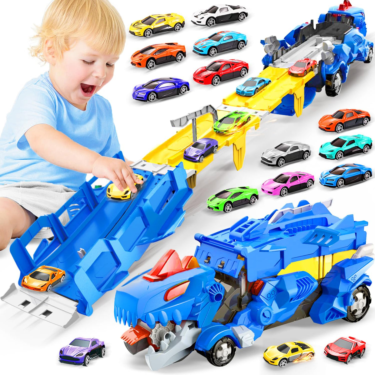 VESIHOLO dinosaur truck with 12 cars sparks imaginative play and racing