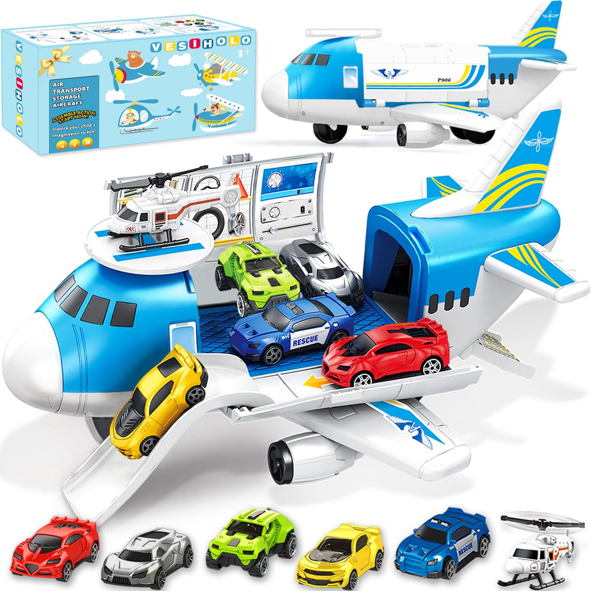 VESIHOLO large airplane toy with five cars for imaginative play and motor skills.