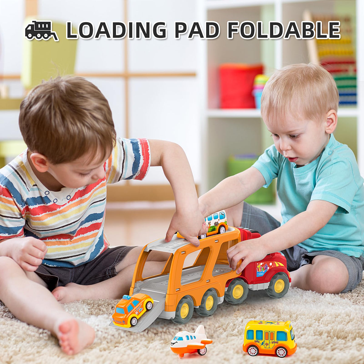 Veslier 5-in-1 truck toy top view highlighting bright lights and whistle features.