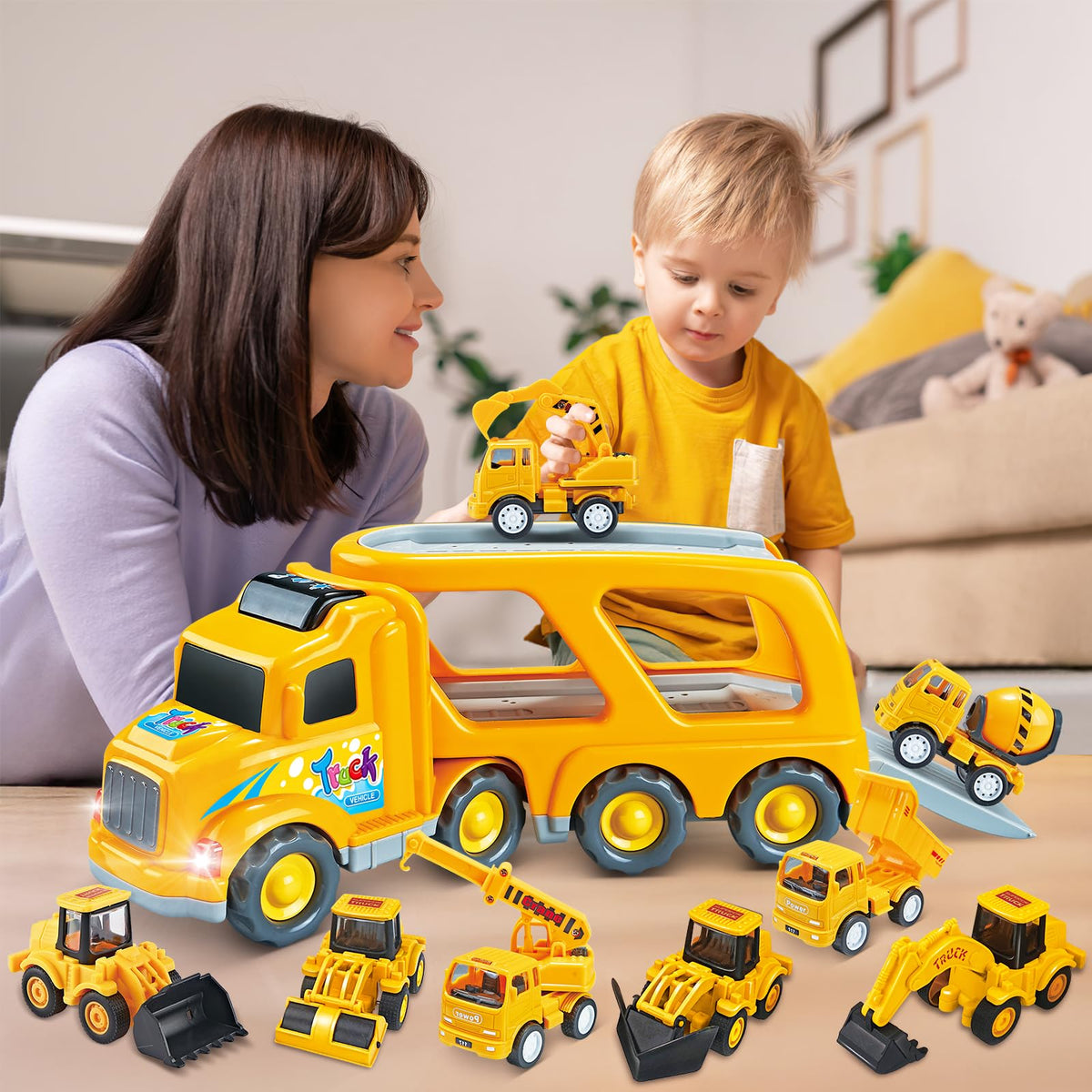 Veslier 9-in-1 construction truck toy sounds and lights add interactive play moments.