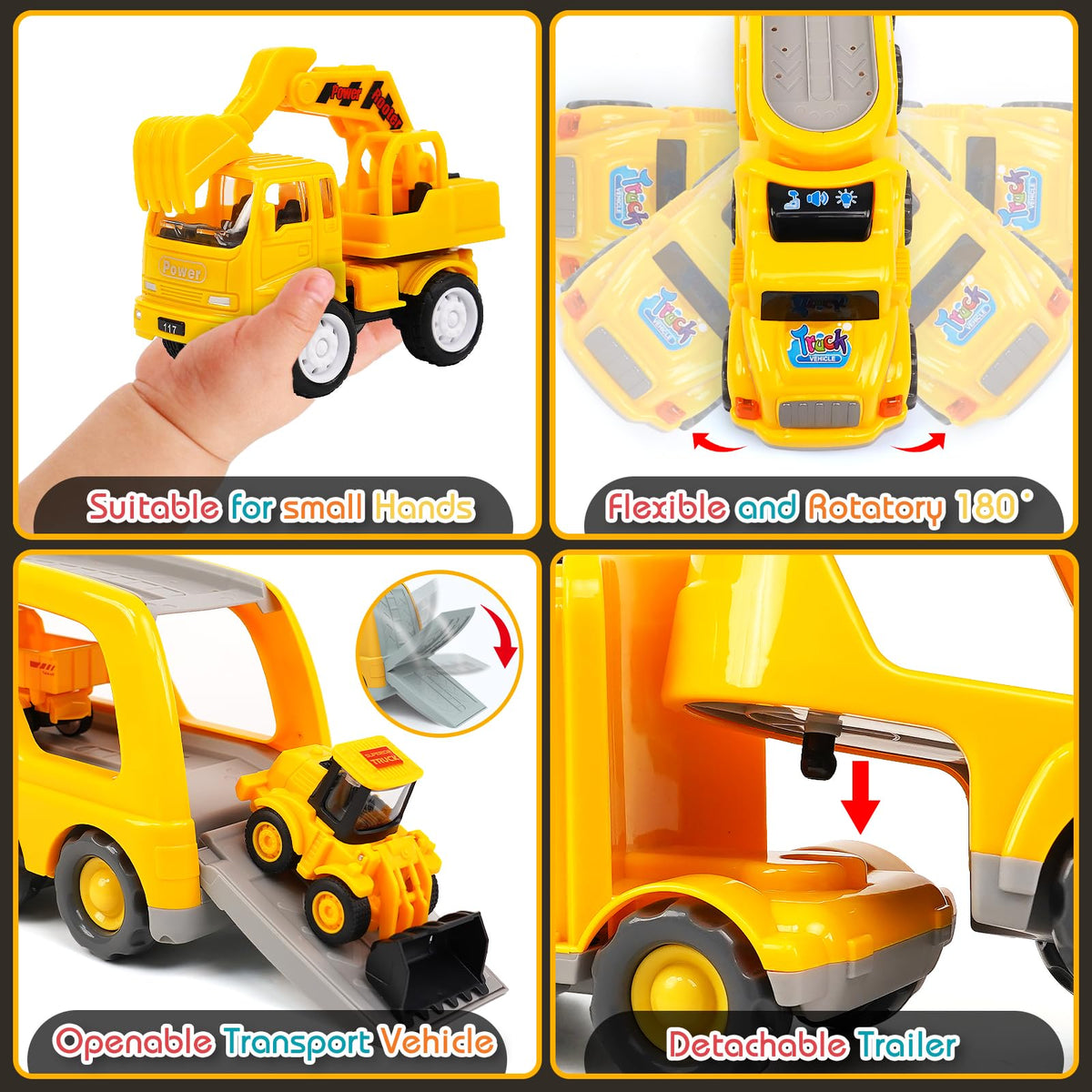 Veslier 9-in-1 construction truck toy tailgate open showcases transport play and multi-vehicle setup.