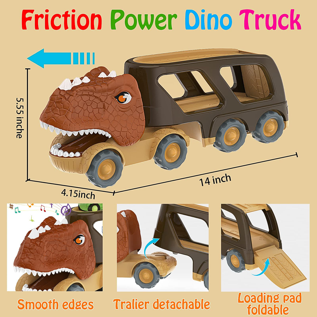 Durable Veslier BPA-free ABS plastic dino truck withstands rough play.