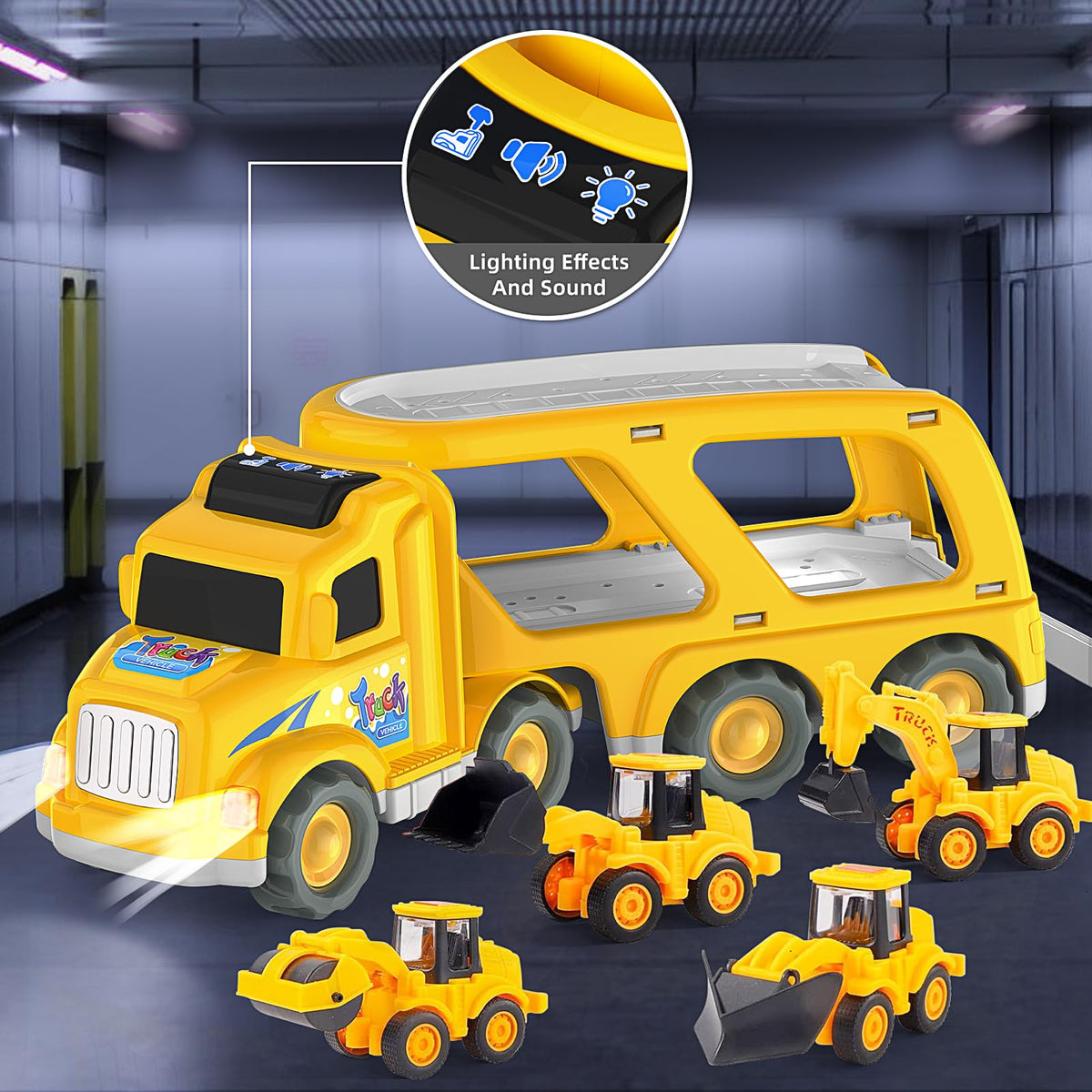 Veslier construction truck toy top button adds engaging sound and lights during play.