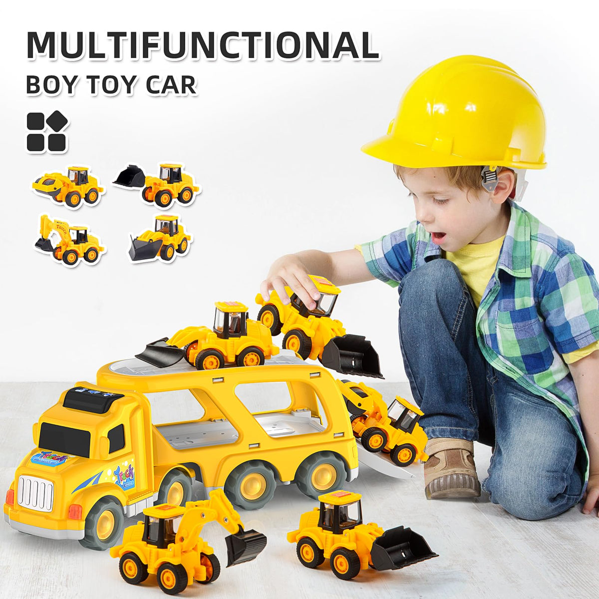 Veslier construction truck toy with mini vehicles invites kids to lead building missions.