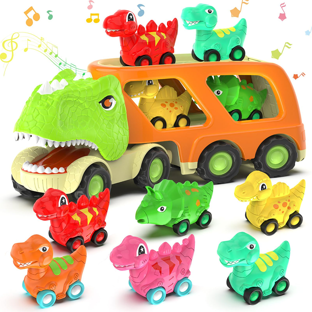 Veslier dinosaur transport truck set — front view with 6 mini dinos for imaginative play.