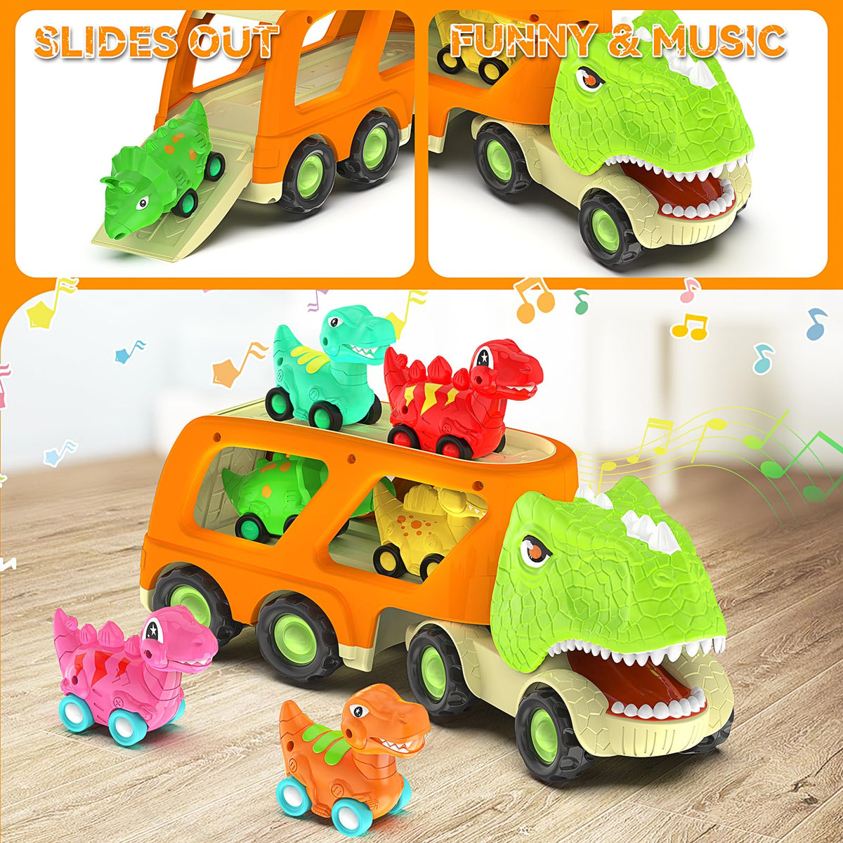 Veslier dinosaur transport truck set — side view highlighting vivid colors and sturdy design.