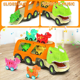 Veslier dinosaur transport truck set — side view highlighting vivid colors and sturdy design.