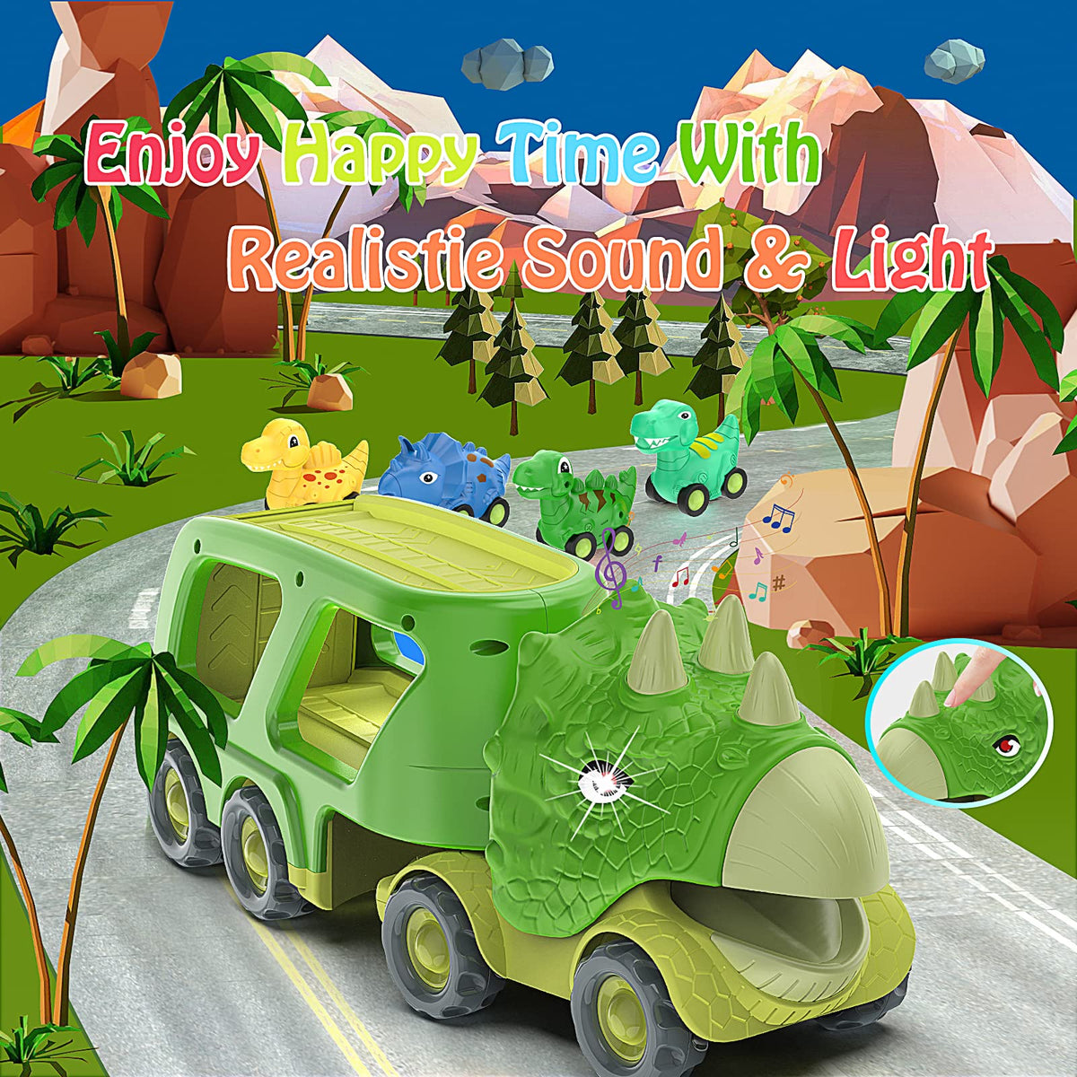 Veslier dinosaur truck front view, durable kid-friendly design