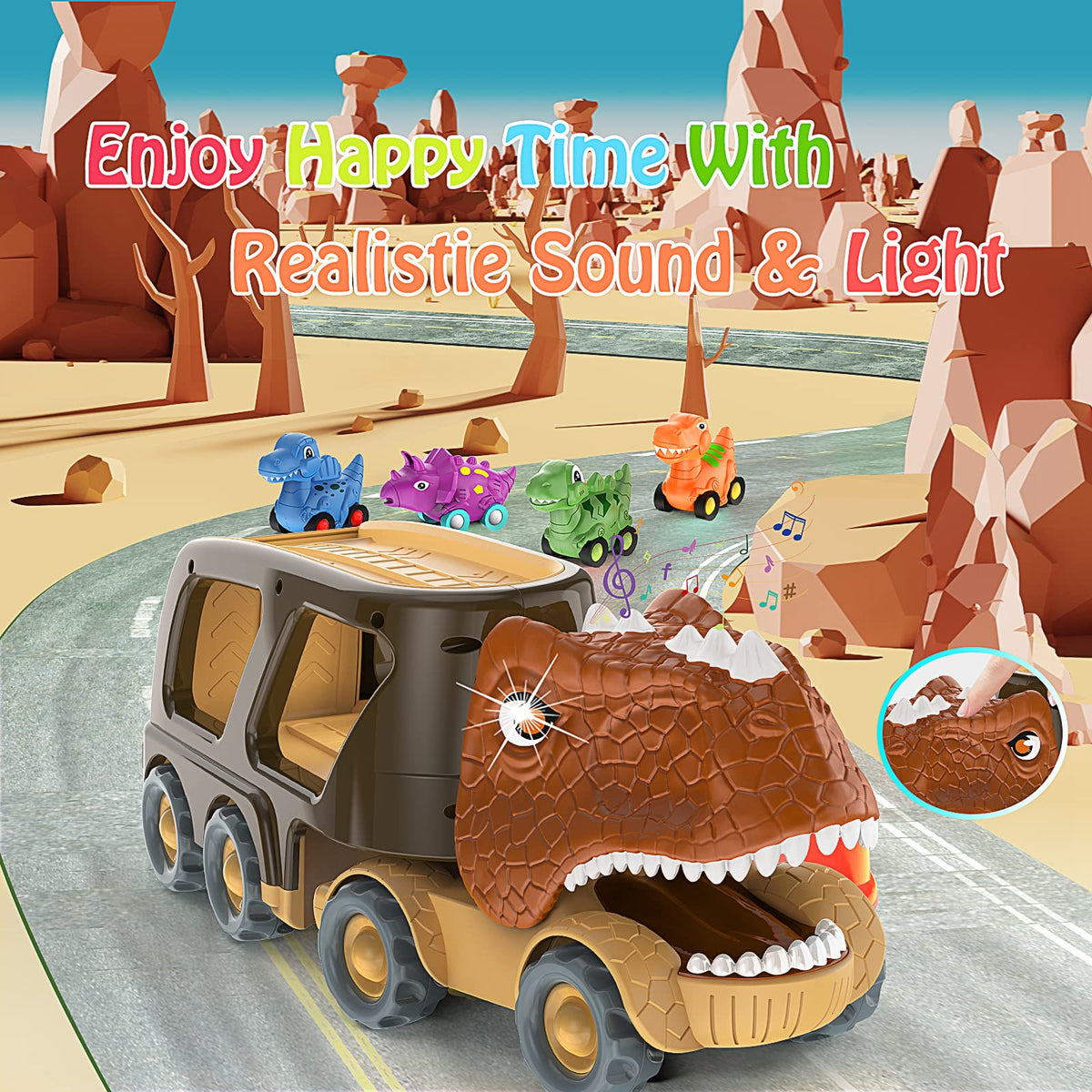 Dinosaur truck with head-turn direction switch for creative play.