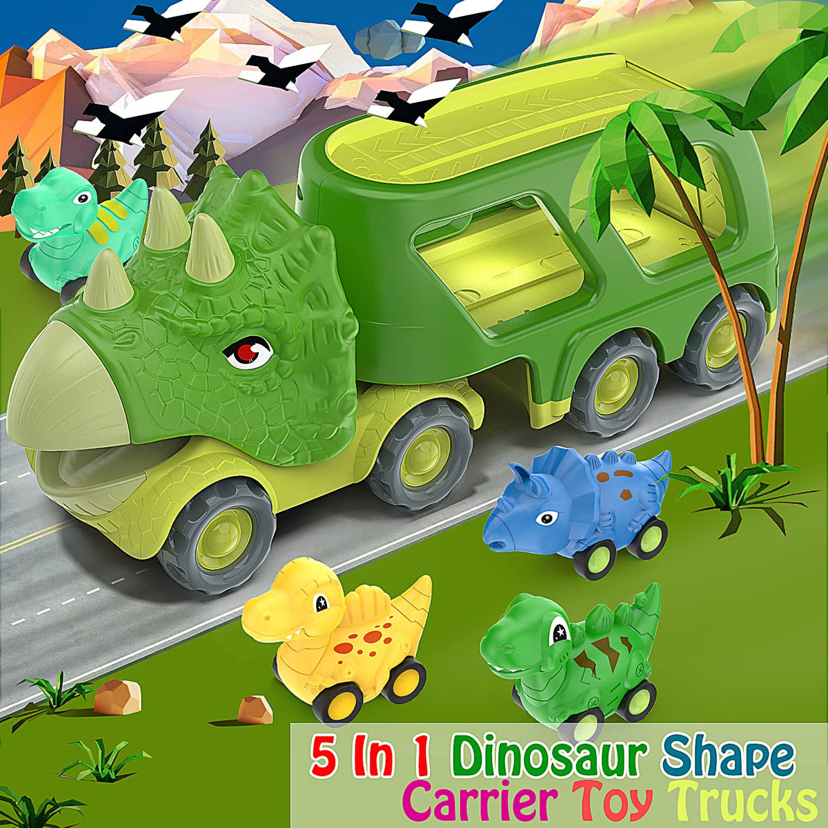 Veslier dinosaur truck side view with bright colors for engagement