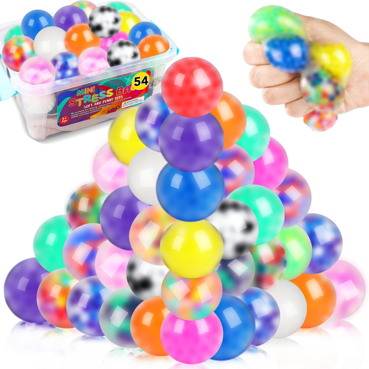 VESPRO 54-pack stress balls set for on-the-go focus and tactile relief.