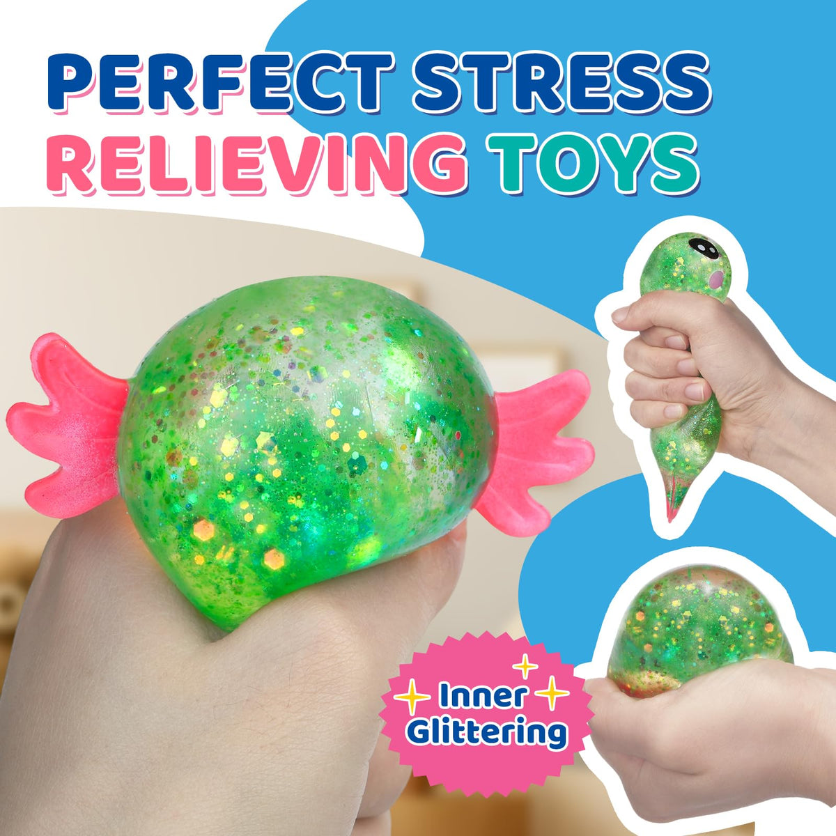 Classroom and gift-ready VESPRO axolotl stress balls, ideal as rewards or party favors