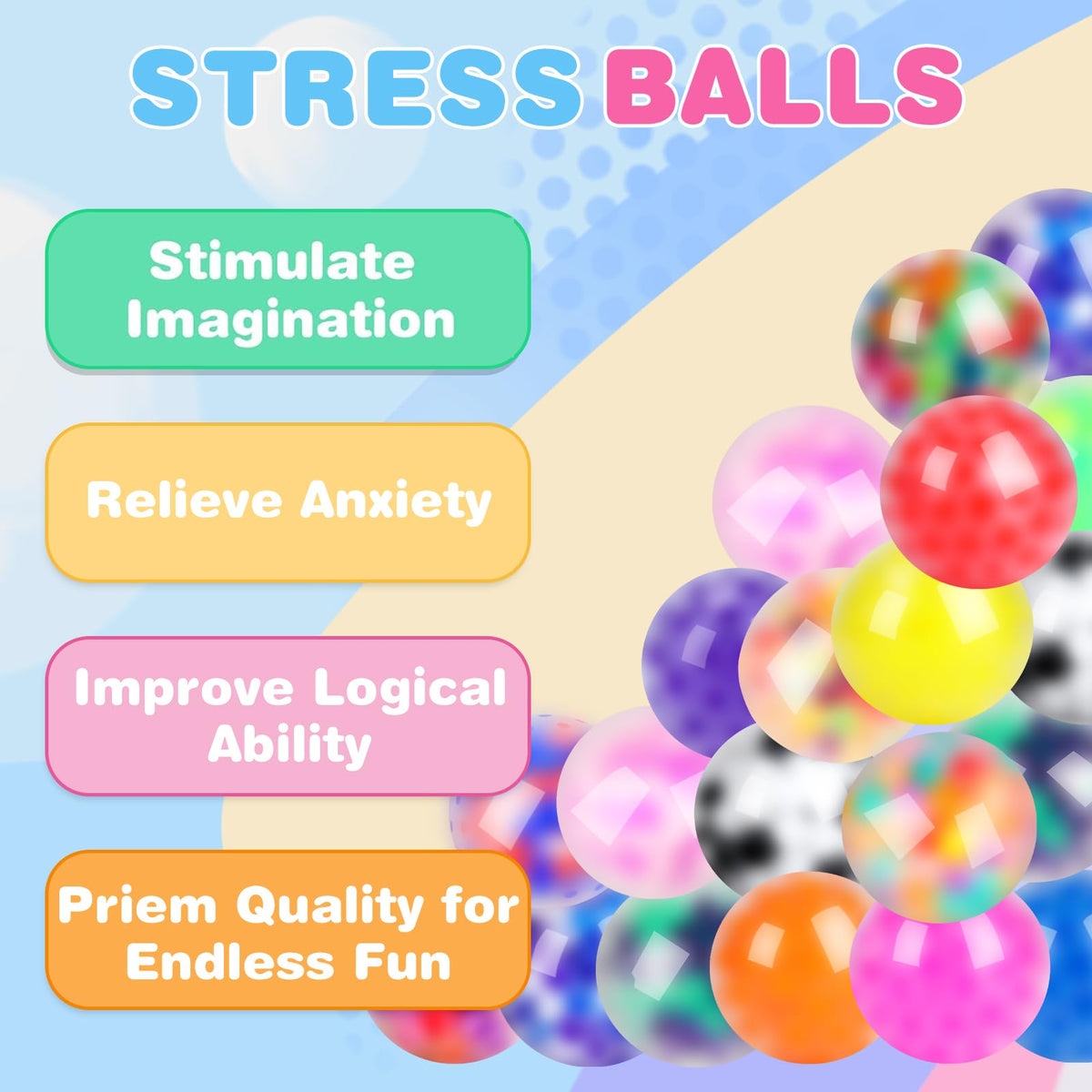 VESPRO stress balls with 18 styles in a box for variety.