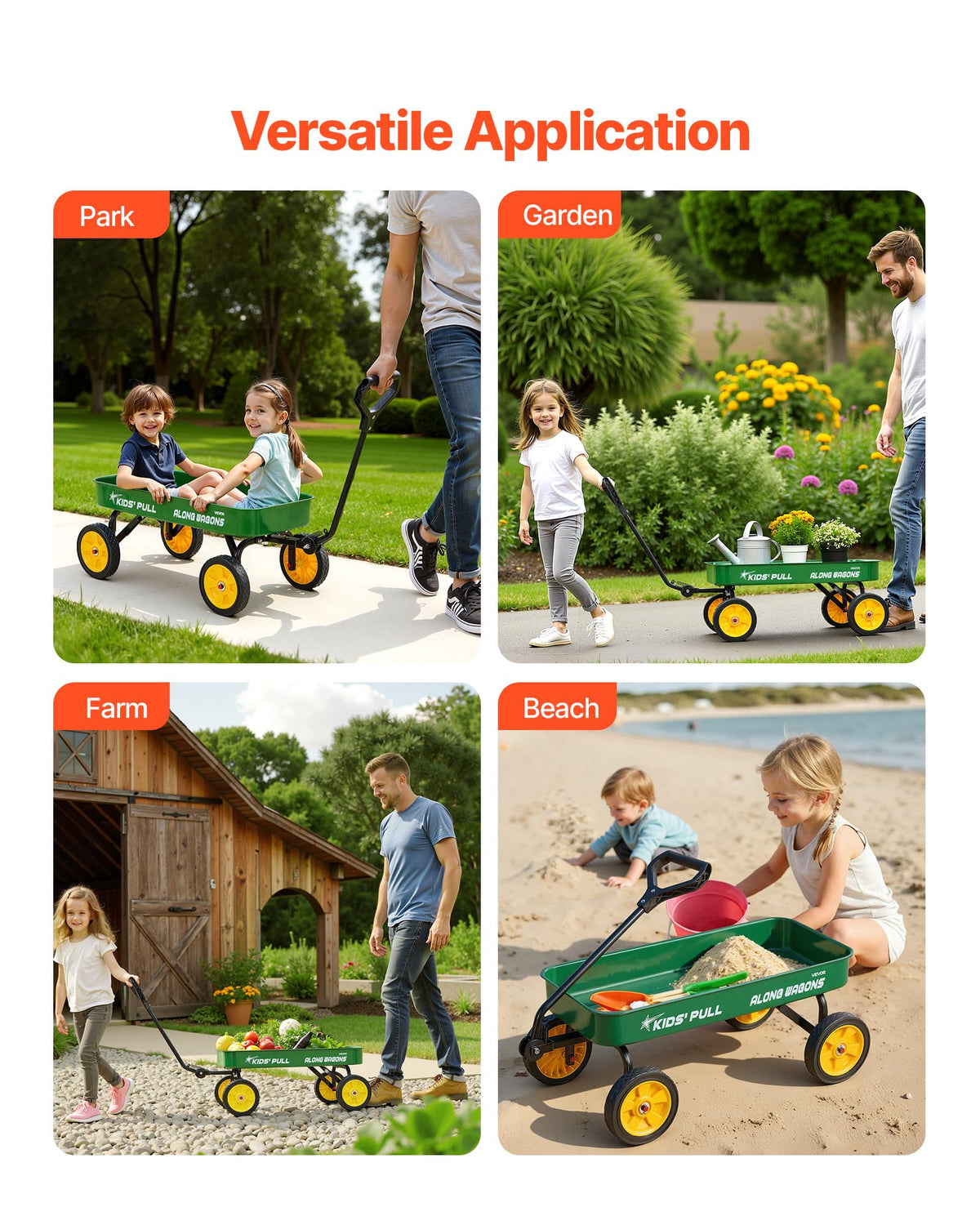 VEVOR 39-inch Kids Wagon in garden demonstrates spacious interior for gardening gear.