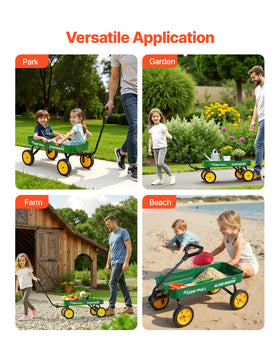 VEVOR 39-inch Kids Wagon in garden demonstrates spacious interior for gardening gear.