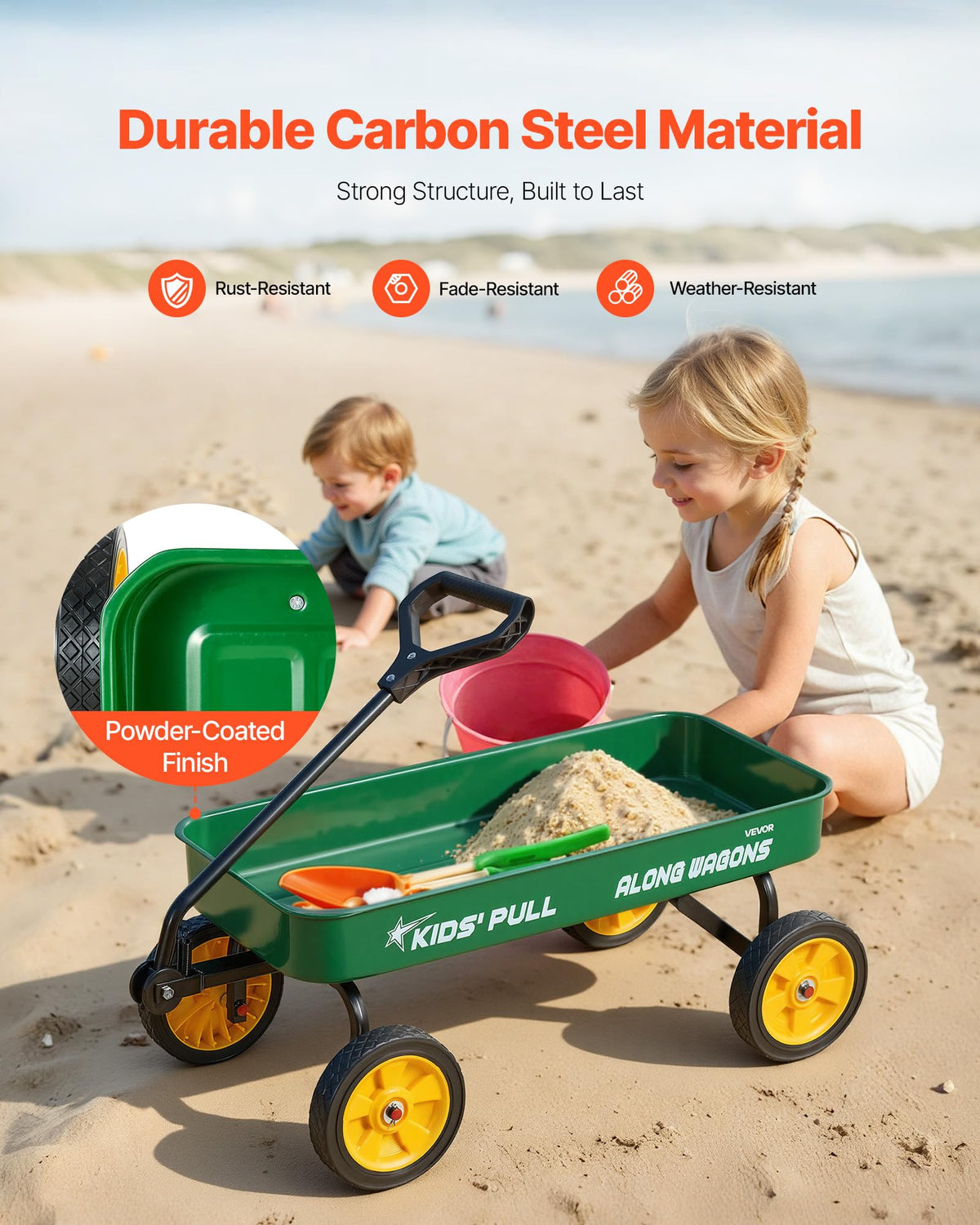 VEVOR 39-inch Kids Wagon wheel detail shows non-slip 8-inch wheels on grass.