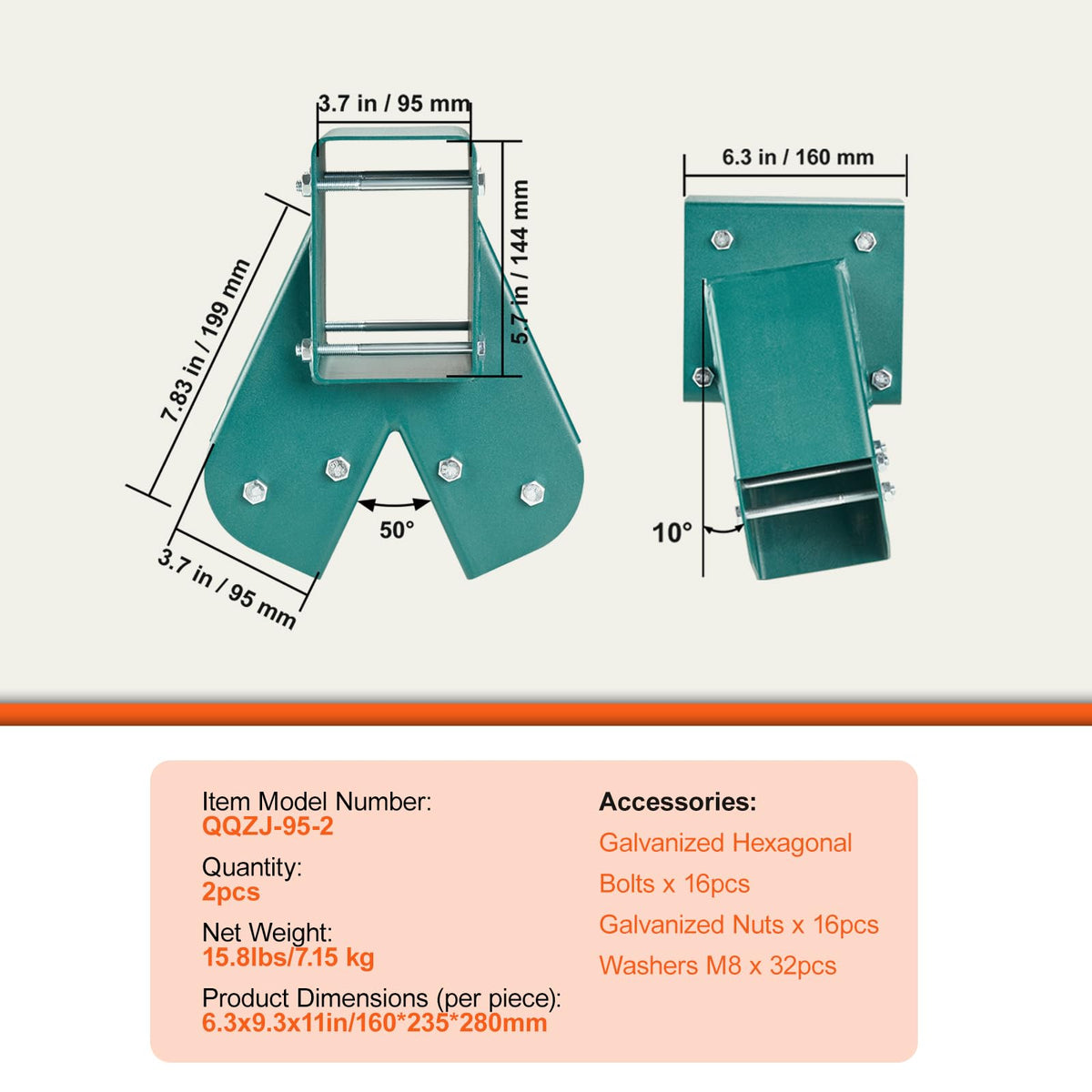 Galvanized bolts, nuts, and washers protect against corrosion for outdoor setups