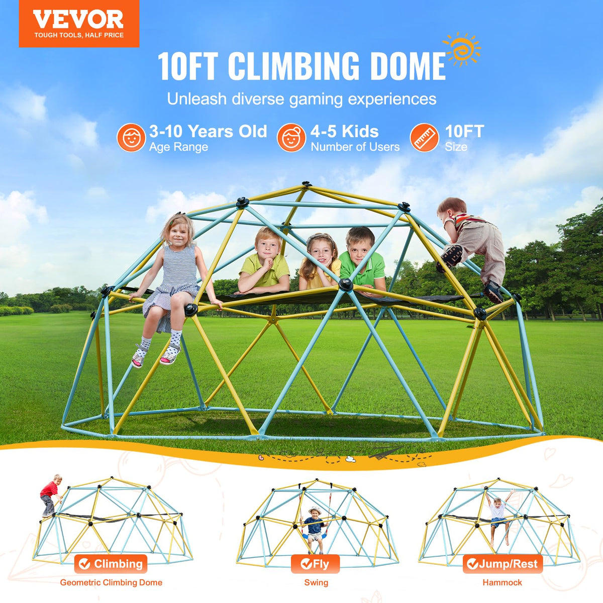 VEVOR climbing dome hammock and swing setup demonstrates versatile rest options for kids.