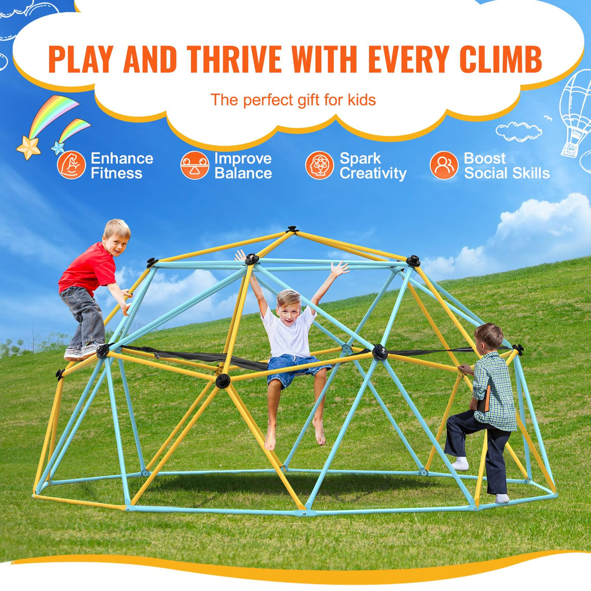 VEVOR geometric dome with kids climbing on grips for controlled, safe ascent.