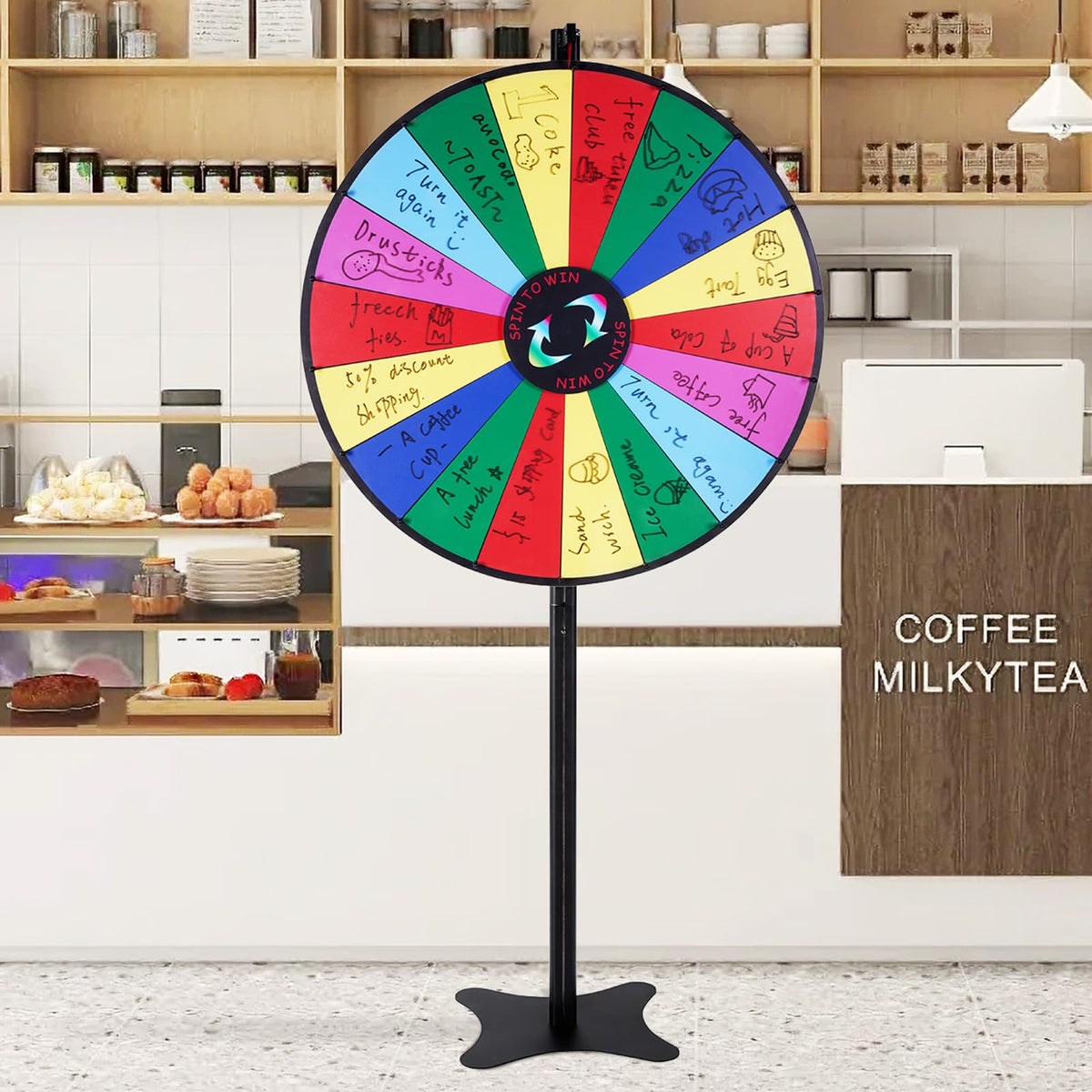 VEVOR prize wheel spins with a satisfying clicking sound for excitement.